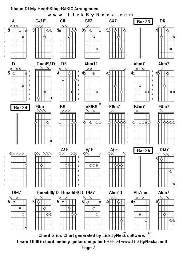 Chord Grids Chart of chord melody fingerstyle guitar song-Shape Of My Heart-Sting-BASIC Arrangement,generated by LickByNeck software.